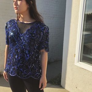 Vintage Black and Blue Sequin Top